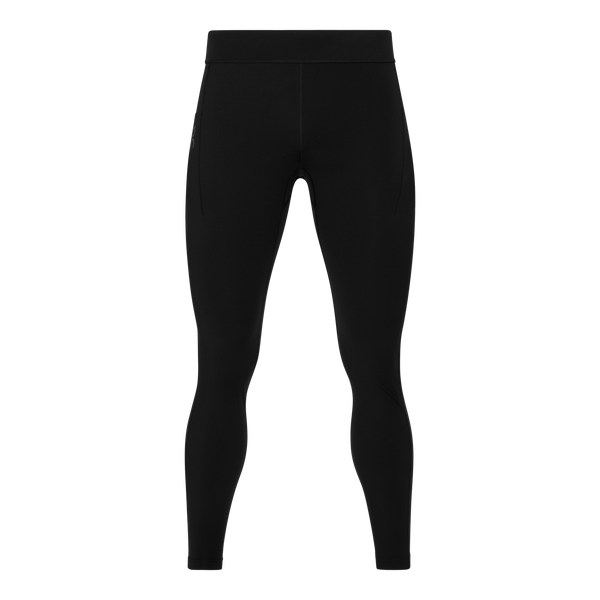 On Performance Tights, Herre, Black er ensfarvede sorte tights til mænd med høj linning og slank pasform, vist på en hvid baggrund - ideelle til strømlinet træning uden synlige logoer eller mønstre.