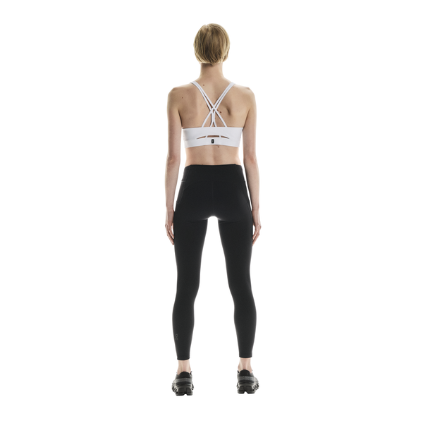 En person står med ansigtet vendt mod kameraet iført en hvid sports-bh med stropper, sorte On Performance Tights Winter til kvinder og sorte sportssko på en almindelig hvid baggrund.