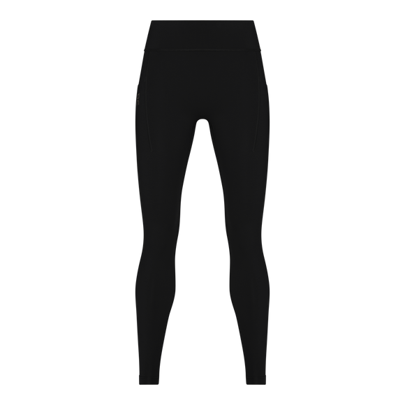 Performance Tights, Dame, Black fra On vist på en hvid baggrund. Disse tætsiddende træningstights dame har synlige sømme og lynlåse på hoften. Forsiden viser ingen mærker eller mønstre.