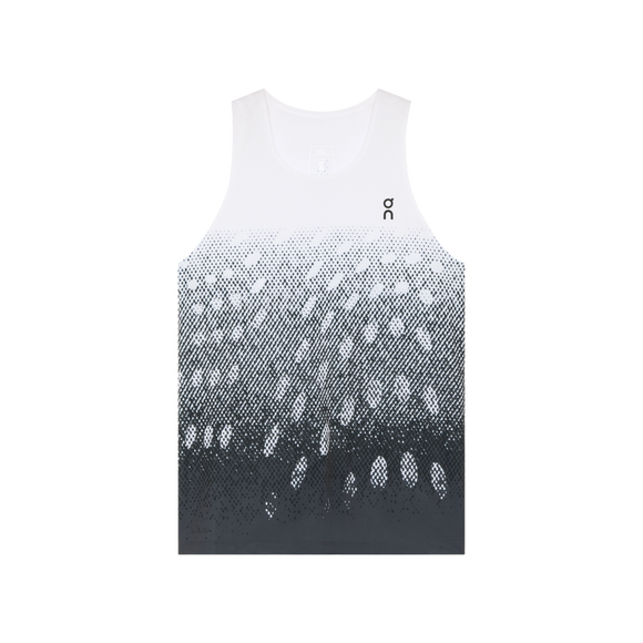 On Zero Singlet, Dame, White/Iron har et ærmeløst design med en hvid til sort prikket gradient. Den er fremstillet af DryTec-stof, som holder dig afkølet, og har et lille logo på brystet som en ekstra detalje.