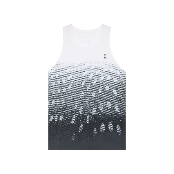 On Zero Singlet, Dame, White/Iron har et ærmeløst design med en hvid til sort prikket gradient. Den er fremstillet af DryTec-stof, som holder dig afkølet, og har et lille logo på brystet som en ekstra detalje.