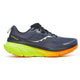 Et sidebillede af Saucony Guide 18 (Herre, Shadow/Vizi) løbesko med mørkeblå mesh-overdel, sorte snørebånd, sølvlogo og en tyk sål med en gradient fra lysegul til orange ved tåen.