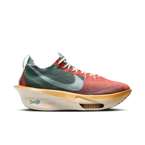 Nike Alphafly Next% 3 Prm Herre i Multi-Color/Clear-Starfish-Aloe Verde har en flerfarvet overdel, stor sølvfarvet Swoosh, hvide snørebånd og en tyk hvidgul sål med synlig ZoomX-skumdæmpning til maratonløb.
