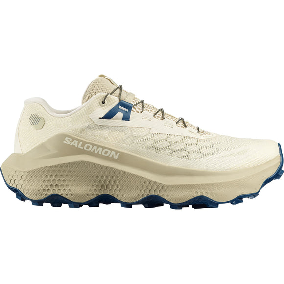 Salomon Ultra Glide 4 til mænd i Transparent Yellow/Bog/Gibraltar Sea er en trailsko med stødabsorbering, hurtigsnøresystem, tekstureret mesh-overdel, blå profileret sål og strømlinet design med Salomon-logoet.