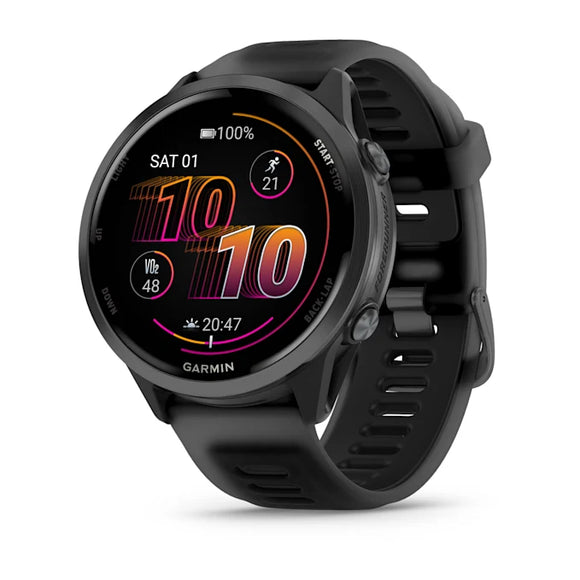 Garmin Forerunner 570 47mm i Slate Grey Aluminium/Translucent Black tilbyder avanceret GPS-tracking, hvilket gør det ideelt som smartwatch til multisport.