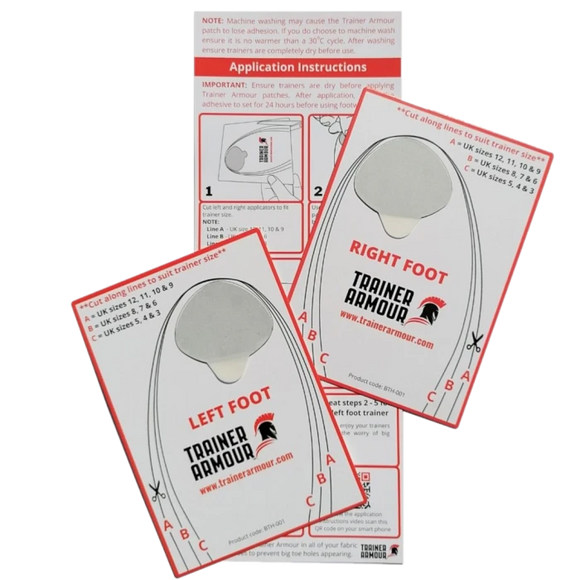 To Trainer Armour Big Toe Hole Preventers i unisex-hvid til venstre og højre fod er vist med brugsanvisning i baggrunden. Begge er mærket og har konturer med snitlinjer markeret med A, B og C.