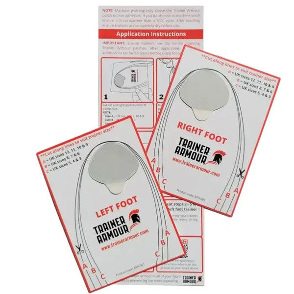 To Trainer Armour Big Toe Hole Preventers i unisex-hvid til venstre og højre fod er vist med brugsanvisning i baggrunden. Begge er mærket og har konturer med snitlinjer markeret med A, B og C.