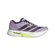Adidas Adizero Boston 13 Dame løbesko i Powplu/Aurplu/Previo har signaturstriber, logo og Lightstrike Pro-støddæmpning, der vises med hvide og limegrønne accenter på en hvid baggrund.