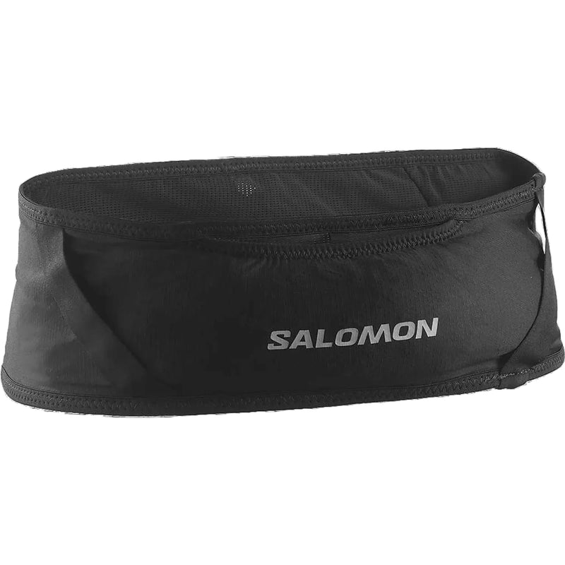 Salomon Pulse Løbebælte, Unisex, Black har en lynlåslomme, netdetaljer og et hvidt Salomon-logo på forsiden. Dette must-have løbeudstyr vises mod en almindelig hvid baggrund.