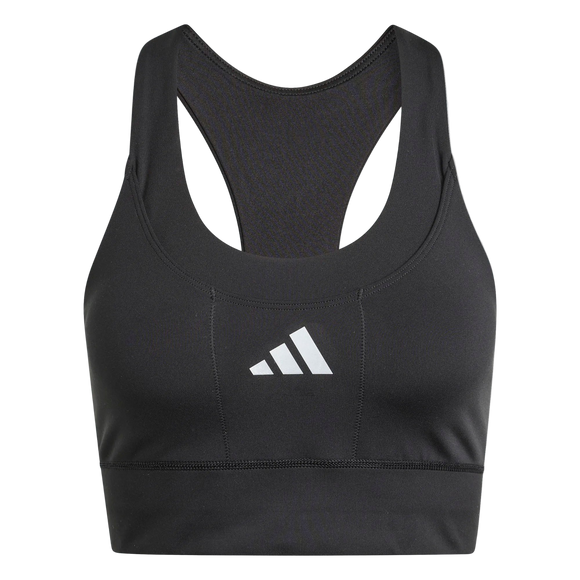 Adidas Adi365 Pkt Bra til kvinder i sort har et racerback-design og et hvidt Adidas-logo på forsiden, der vises på en almindelig hvid baggrund.