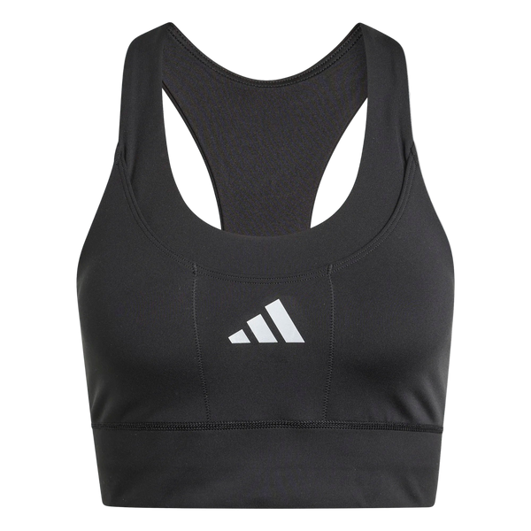 Adidas Adi365 Pkt Bra til kvinder i sort har et racerback-design og et hvidt Adidas-logo på forsiden, der vises på en almindelig hvid baggrund.