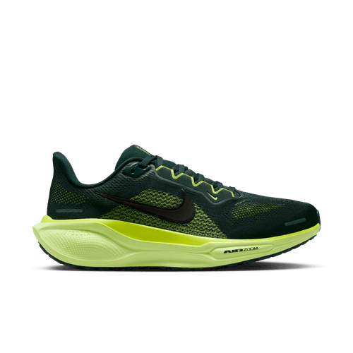 Nike Pegasus 41 løbesko til kvinder i Seaweed/Black-Cyber-Lt Lemon Twist, med en overdel i mesh og en tyk polstret Nike React-skumsål, vises i sideprofil på en almindelig hvid baggrund.