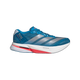 Adidas Adizero Boston 13 Herre i Solblu/Silvmt/Dksobl har en blå mesh-overdel, sølvfarvede striber og hvid/røde detaljer på hæl og sål, vist mod en almindelig hvid baggrund.