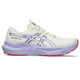 Asics GT-2000 14 Tokyo til kvinder i Cream/Edo Purple er en lav løbesko med lilla logo, lavendelfarvet mellemsål, rød ydersål og let FF BLAST PLUS-støddæmpning. Der står "GEL 3000 14" på siden.