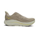 Hoka Clifton 10 herre løbesko i Raw Linen/Stone har letvægtskomfort, en tyk hvid og lys gul sål, gule detaljer samt beige snørebånd. Vist fra siden mod hvid baggrund.