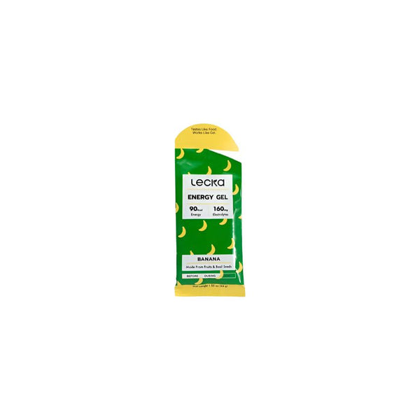 Lecka energigel, banan: Grøn-gul pakke med banandesign, indeholder 9 g naturligt sukker, 160 mg natrium og ægte frugtsaft - perfekt til udholdenhedssport.