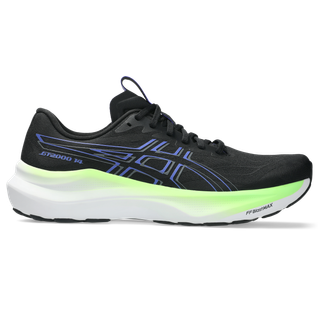 ASICS Gt-2000 14 herre løbesko i Black/Cobalt Burst har blå accenter, limegrønne detaljer nær sålen, en hvid polstret sål, stabilitetsstøtte, ASICS-logoet og GT-2000 14-branding på siden.