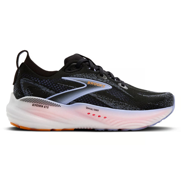 Brooks Glycerin GTS 22 Dame løbesko i Black/Blue Heron/Orange har støttende, polstret design, hvid mellemsål med "Glycerin GTS", orange ydersål og Brooks logo-perfekt som løbesko dame.