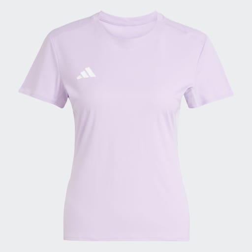 Adidas Adizero E Tee til kvinder i lyslilla (Powplu) har korte ærmer og et lille hvidt Adidas-logo øverst til venstre på brystet, vist mod en lys baggrund.