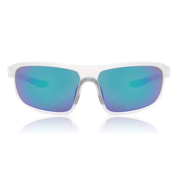 Nike Windtrack Run-solbrillerne, unisex med et mat, klart stel og grønne spejlglas med UV-beskyttelse, vises på en hvid baggrund.