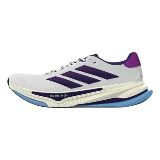 Adidas Supernova Prima 2 Dame i Cwhite/Cpurpl/Seblbu giver komfort til løbetræning med marineblå striber, lilla detaljer, en tyk cremefarvet sål, lyseblå ydersål og DREAMSTRIKE-branding over sålen for ekstra stil og stabilitet.