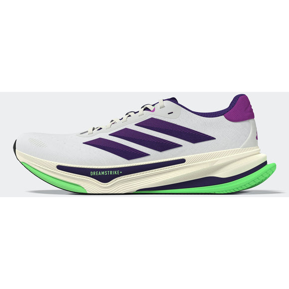 Adidas Supernova Prima 2 til mænd i Cwhite/Cpurpl/Limbur har lilla striber og hæl, en grøn og cremefarvet sål samt DREAMSTRIKE på siden for komfort og overlegen stødabsorbering under løb.