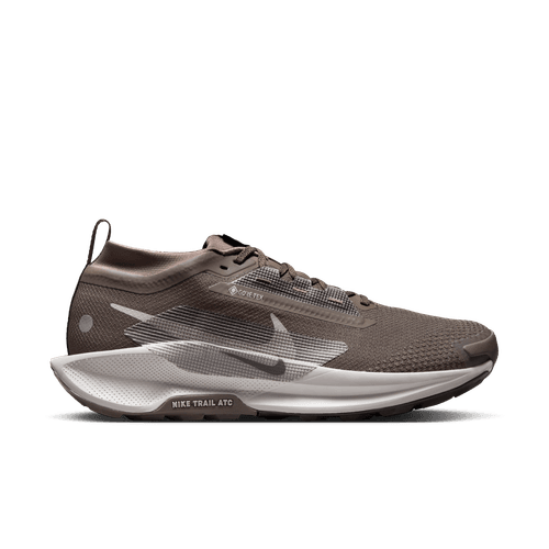 Nike Pegasus Trail 5 Gore-Tex, Herre i Ironstone/College Grey-Velvet Brown har en overdel i mesh, hvid sål og hvidt swoosh-logo; vist fra siden på en lys baggrund som et stilfuldt vandtæt løbesko.