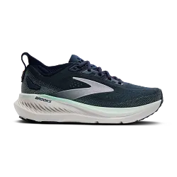 Brooks Glycerin GTS 23 Dame i Spellbound/Yucca/Pink har en hvid sål, lysegrønne detaljer og et sølvfarvet logo, der giver fremragende stabilitet. Vist i sideprofil mod en almindelig hvid baggrund.