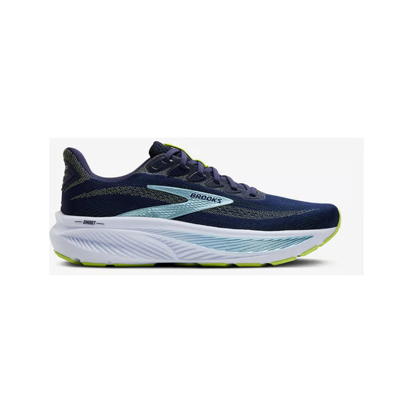 En enkelt Brooks Ghost 17 herre løbesko i Peacoat/Lime/Blue vises side om side mod en hvid baggrund med lyseblå detaljer, en hvid mellemsål, neongrøn ydersål og Brooks-logoet. Designet til komfort og stabilitet.