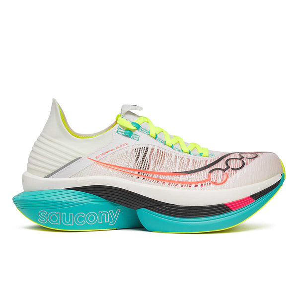Saucony Endorphin Elite 2 (Unisex) i White/Mutant har en gennemsigtig hvid mesh-overdel, neongule snørebånd og en tyk turkis og sort sål med røde, sorte og blågrønne detaljer samt Saucony-branding.