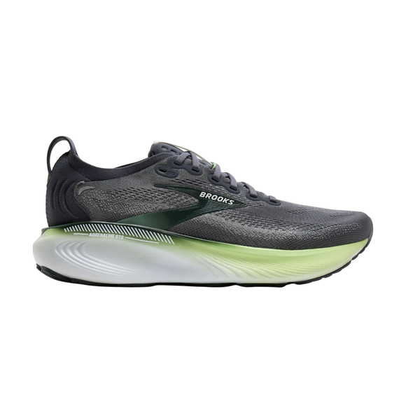 Et billede set fra siden af Brooks Adrenaline GTS 25, Herre i farvekombinationen Grå/Paradise Green/Spruce viser skoens overdel i mesh, sålen i grøn og hvid med farveovergang samt »Brooks«-logoet tæt på snørebåndene.