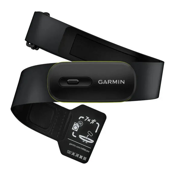 Garmin HRM 600 M-XL Pulsmålere, Unisex: Sort pulsmålerrem med rektangulær sensor og informationsmærke vises mod hvid baggrund, perfekt til præcis pulsmåling.