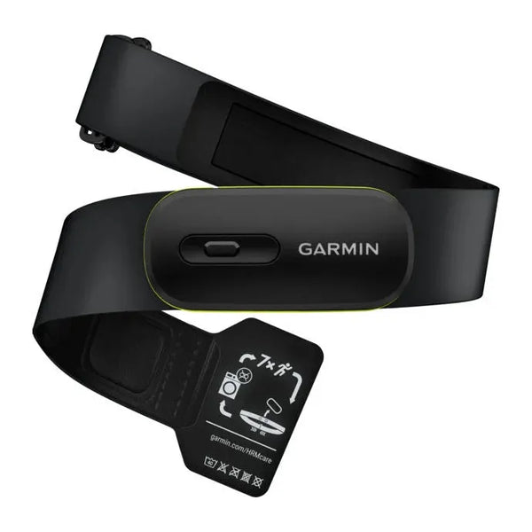 Garmin HRM 600 M-XL Pulsmålere, Unisex: Sort pulsmålerrem med rektangulær sensor og informationsmærke vises mod hvid baggrund, perfekt til præcis pulsmåling.