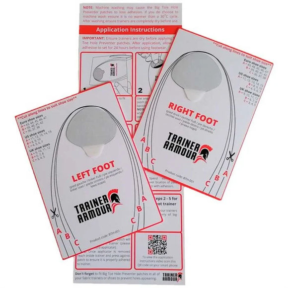 To sorte Trainer Armour Big Toe Hole Preventer-plastre, mærket LEFT FOOT og RIGHT FOOT med grå ovaler og bogstaverne A, B og C, er anbragt på brugsanvisningen. Velegnet til unisex-brug.