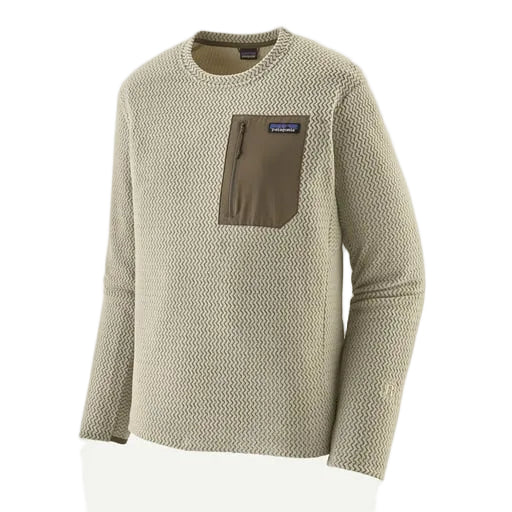 Patagonia R1 Air Crew, Herre, Pelican er en beige fleecetrøje med struktureret finish, rund hals og olivengrøn brystlomme med lynlås. Fremstillet af genanvendt polyester og vist på en almindelig hvid baggrund.