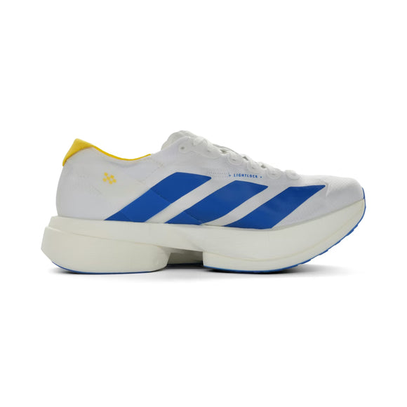 Adidas Adizero Adios Pro 4 til mænd i Ftwwht/Blue/Yellow leverer elegant stil og høj ydeevne til hver eneste løbetur.