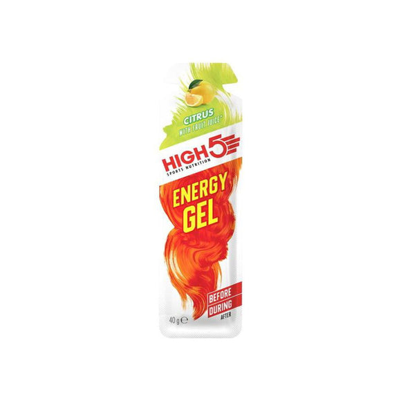 High5 Energy Gel Citrus Kasse (20 stk.) med ægte frugtjuice. Hvid emballage med rød og orange grafik, designet til brug før og under træning.