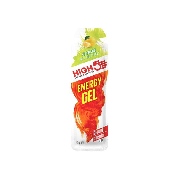 High5 Energy Gel Citrus Kasse (20 stk.) med ægte frugtjuice. Hvid emballage med rød og orange grafik, designet til brug før og under træning.
