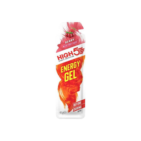En æske med 20 High5 Energy Gel Berry-poser (40 g pr. stk.) med rødt og orange design, frugtjuice-etiket, oplysninger om kulhydrater, brugsanvisning til før og under træning og mærket som sportsernæring.