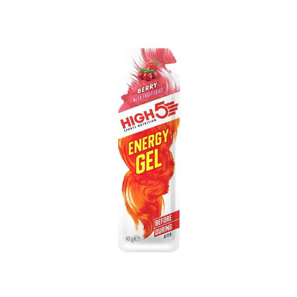 En æske med 20 High5 Energy Gel Berry-poser (40 g pr. stk.) med rødt og orange design, frugtjuice-etiket, oplysninger om kulhydrater, brugsanvisning til før og under træning og mærket som sportsernæring.
