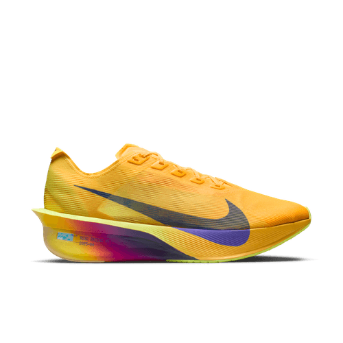 Nike Vaporfly Next% 4 Herre løbesko i Citron Pulse/Indigo Burst-Laser Orange har en stor sort swoosh, farvegradient-mellemsål og let ZoomX-skum til høj ydeevne, vist mod en neutral hvid baggrund.