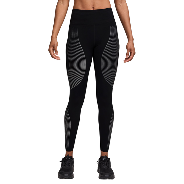 Nike løbetights med høj talje og fuld længde i sort med sølvfarvede, reflekterende, buede mønstre på lårene og læggene.