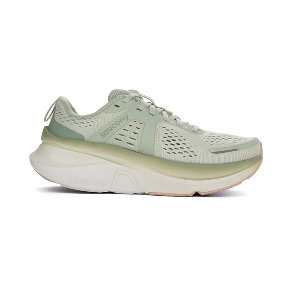 Saucony Guide 18 til kvinder i Mist/Aloe er en lysegrøn stabilitetsløbesko med overdel i mesh, snørelukning, logo i bølget sidepanel, fremtrædende sål, hvid mellemsål og lysebrun ydersål for optimal støddæmpning.