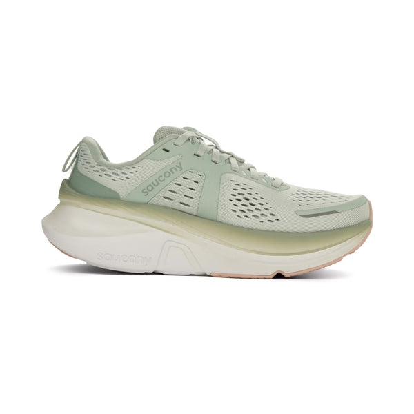 Saucony Guide 18 til kvinder i Mist/Aloe er en lysegrøn stabilitetsløbesko med overdel i mesh, snørelukning, logo i bølget sidepanel, fremtrædende sål, hvid mellemsål og lysebrun ydersål for optimal støddæmpning.
