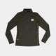 Saysky W Pace 1/2 Zip Long Sleeve til kvinder i grøn har en krave med kvart lynlås, et lille rektangulært logopatch på venstre bryst og et tag på undersiden, der vises fladt på en hvid baggrund.