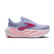 Et sidebillede af Brooks Glycerin Max Dame løbesko i Blue Heron/Diva Pink/White viser en tyk sål med gradient, overdel i mesh og synlige ventilationshuller for optimal komfort. Skoen vises på en almindelig hvid baggrund.