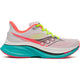 Saucony Endorphin Speed 5 Dame i White/Mutant har neongrønne snørebånd, koralfarvede detaljer, en blågrøn mellemsål og sorte detaljer, der vises i profil mod en hvid baggrund.