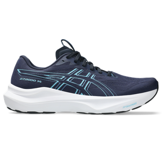 En midnatsblå Asics GT-2000 14 løbesko til herrer med stillwater-blå detaljer, hvid stødabsorberende sål, sorte snørebånd og ASICS-logo på siden-ideel for komfort og pronationsstøtte.