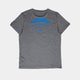 Saysky Statement Pace T-Shirt, Herre, Grey ligger fladt og viser blå "SHARE GREATNESS"-tekst og mindre detaljer på den øverste del af ryggen. Fremstillet af hurtigtørrende stof for ultimativ komfort.