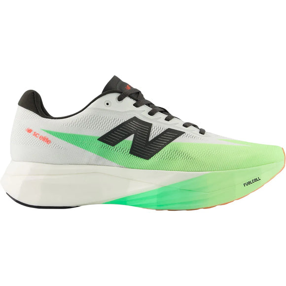 New Balance Fuelcell Supercomp Elite V5 Herre i White/Mint Flash EKIDEN har en hvid overdel, grønne gradientdetaljer, sorte snørebånd, et stort sort N-logo og en tyk hvid sål med grøn accent - ideel som konkurrencesko til maraton.